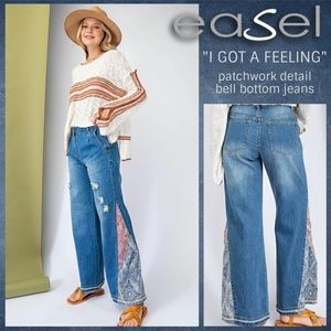 EASEL "I Got A Feeling" Bell Bottom Denim Pant Contrast Patchwork Sides Slouchy